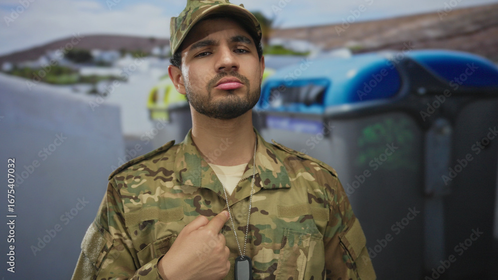 Fototapeta premium Young man points finger to dog tag on military uniform in street next to large recycling bins; pride duty.