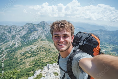 Young hiker man selfie on mountain summit