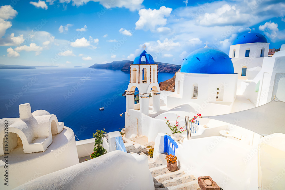 Obraz premium traditional greek village Oia of Santorini, with blue domes against sea and caldera, Greece