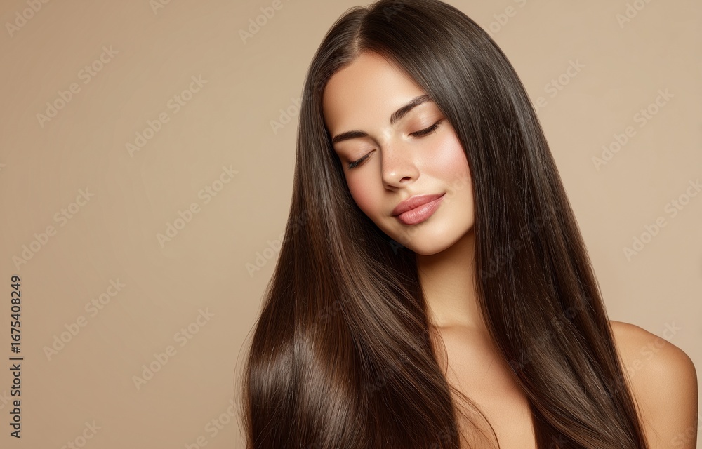 Naklejka premium Close-up portrait of a beautiful woman with long straight brown hair, smooth hairstyle, and flawless color on a beige studio background