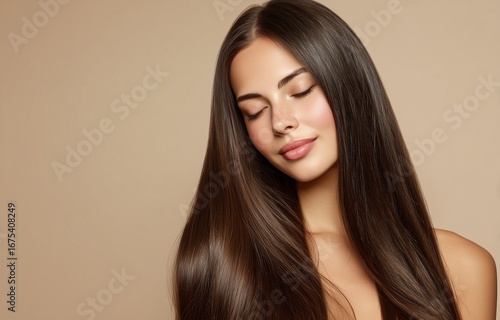 Close-up portrait of a beautiful woman with long straight brown hair, smooth hairstyle, and flawless color on a beige studio background