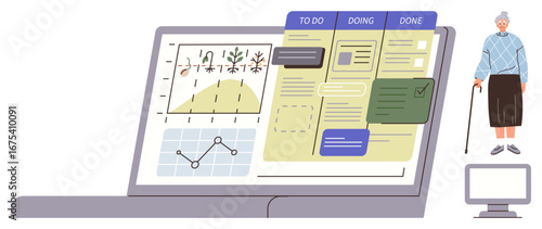 Laptop screen displaying task board, charts, and data analysis with elderly woman holding cane nearby. Ideal for productivity, technology adaptation, aging population, accessibility, remote work