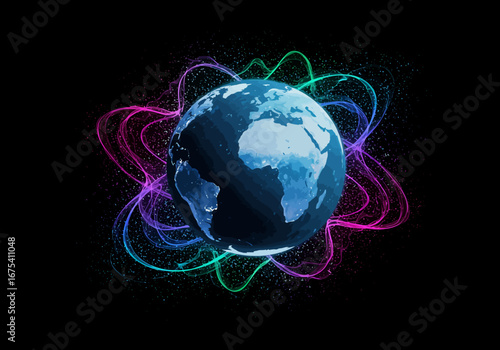 Earth Globe with Colorful Energy Waves on Black Background.
