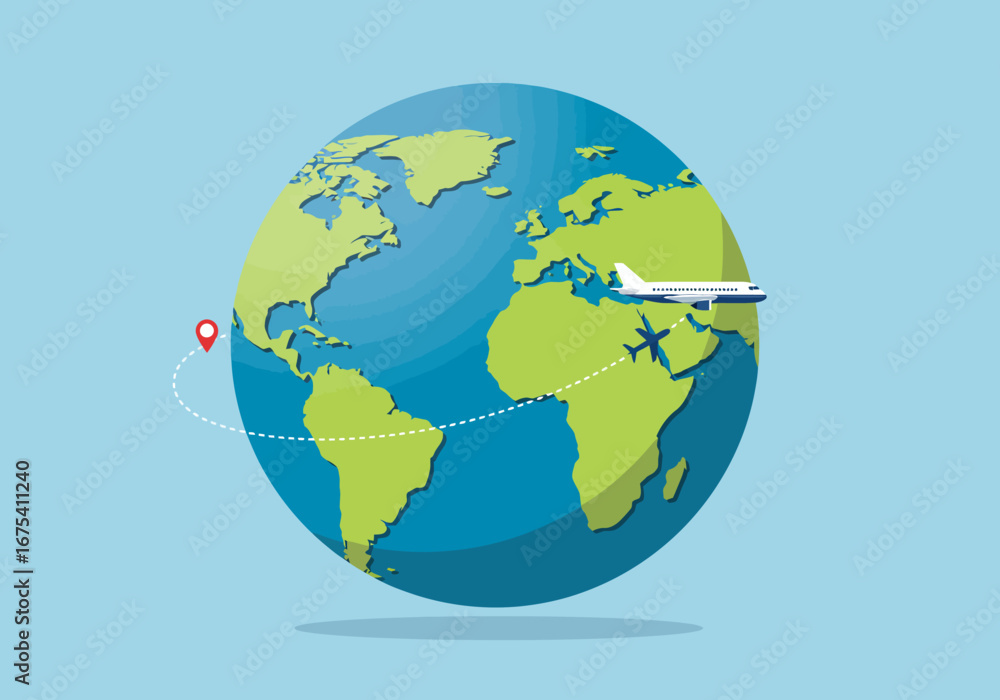 Naklejka premium Airplane flying around the world with dotted line path.