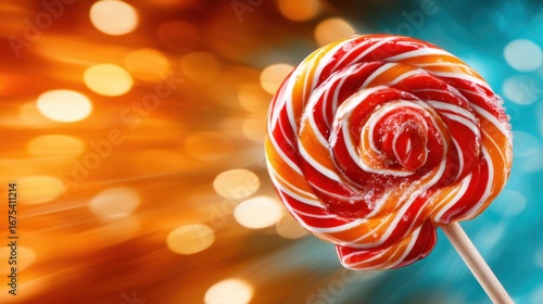 A vibrant close-up of a swirled lollipop displaying bright colors that evoke childhood joy and the sweet experience of indulging in sugary treats.