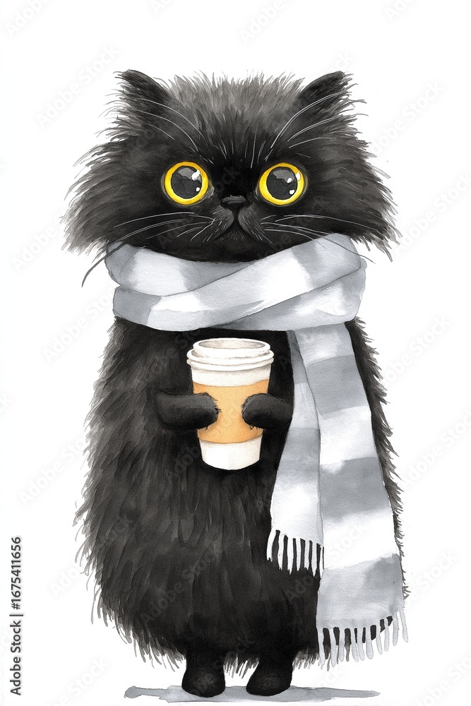 Fototapeta premium Black fluffy cat holding coffee cup in winter scarf at cozy cafe