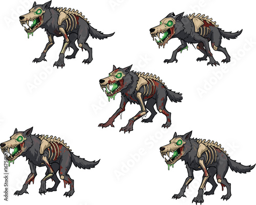 Undead zombie wolf creature snarling with glowing green eyes, exposed bones, dripping slime, horror fantasy monster for Halloween vector illustration