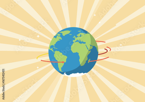 Illustrated Earth Globe with Arrows and Sunburst Background.
