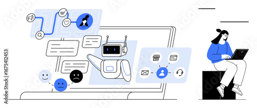 AI chatbot responding to user queries on screen with text boxes, emotions, and automation icons. Ideal for technology, innovation, customer service, automation, AI communication, machine learning