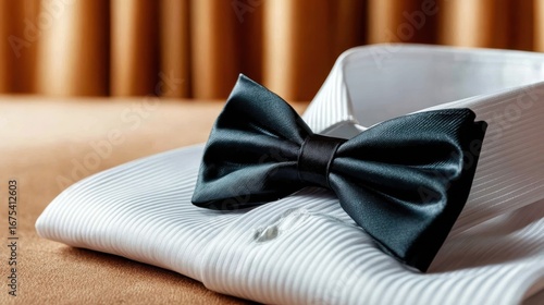 This image elegantly showcases a classic black bowtie lying on a pristine white dress shirt, symbolizing sophistication and style, ideal for formal events and occasions.