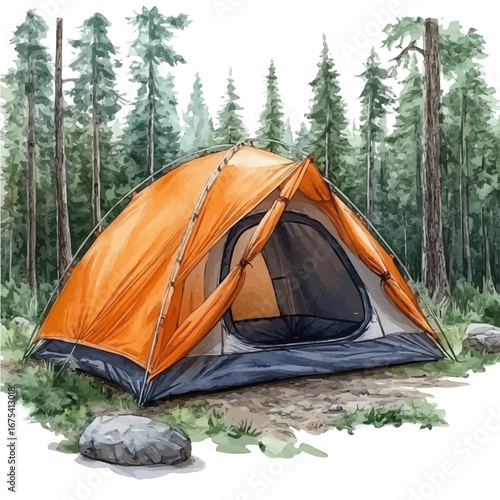 Camping Tent Summer Forest, watercolor illustration vector, isolated on a white background.
