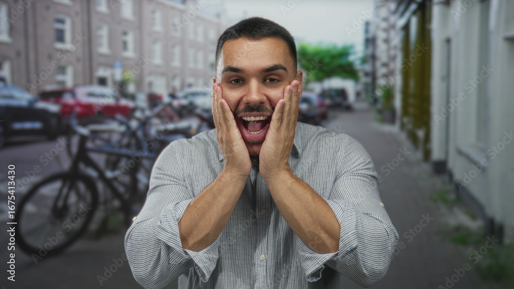 Fototapeta premium Young hispanic man pressing hands to cheeks for toothache on street lined with bicycles and buildings; pain.