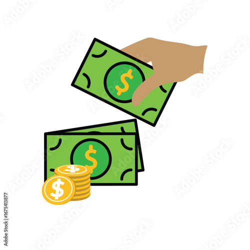 Money icon. Dollar symbol. Stack of coins and banknotes with a hand picking it up. paying, economy, financial. Flat design style.