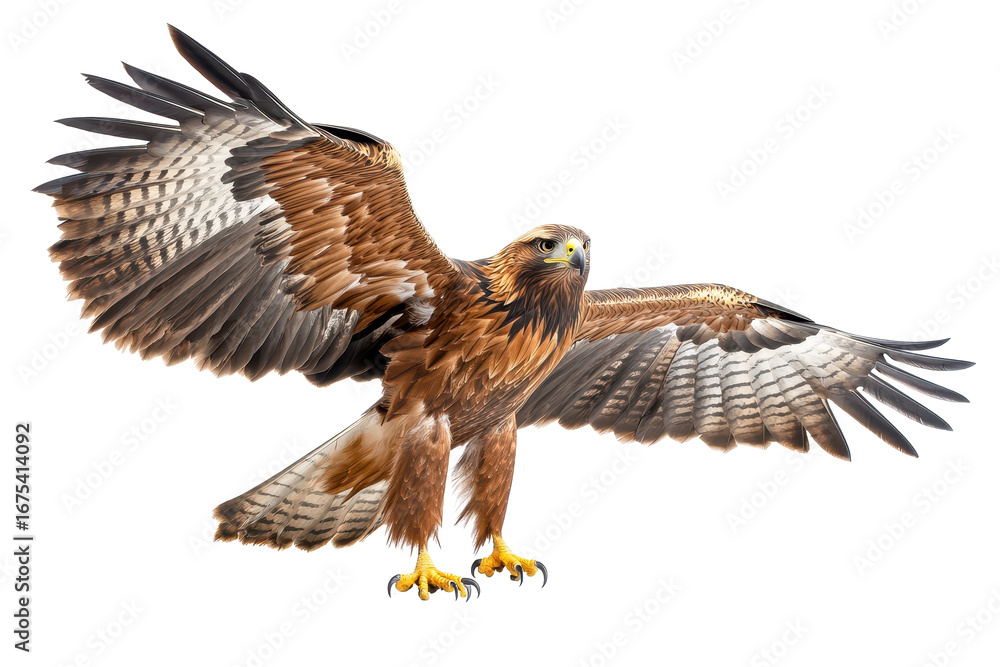 Obraz premium Majestic eagle with outstretched wings stands isolated against a white background showcasing its impressive feathers and powerful build, symbolizing strength and freedom