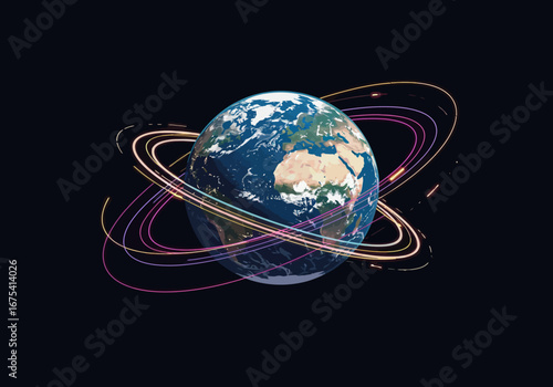 Earth Globe with Digital Orbiting Lines on Black Background.