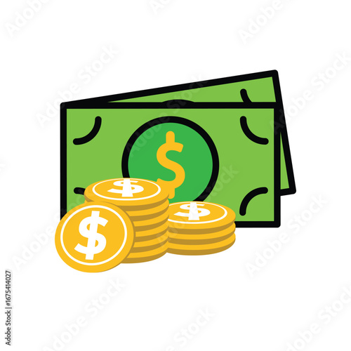 Money icon. Dollar symbol. Stacks of gold coins and green banknotes. paying, economy, financial. Flat design style.