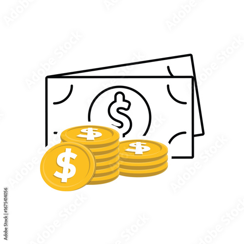 Money icon. Dollar symbol. Stacks of gold coins and green banknotes. paying, economy, financial. Mixed design style.