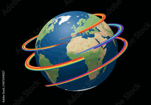 Earth Globe with Rainbow Orbiting Rings on Black Background.