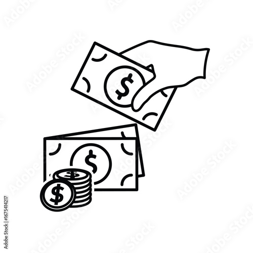 Money icon. Dollar symbol. Stack of coins and banknotes with a hand picking it up. paying, economy, financial. Outline design style.