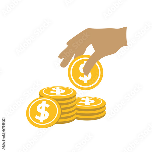 Money icon. Dollar symbol. Stacks of gold coins and green banknotes. paying, economy, financial. Flat design style.