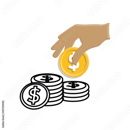 Money icon. Dollar symbol. Stacks of gold coins and green banknotes. paying, economy, financial. Mixed design style.