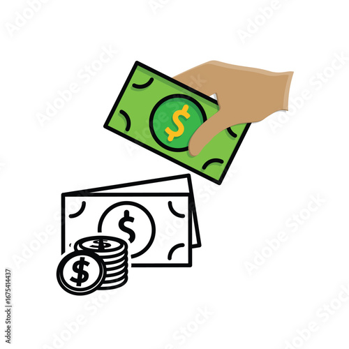 Money icon. Dollar symbol. Stack of coins and banknotes with a hand picking it up. paying, economy, financial. Mixed design style.