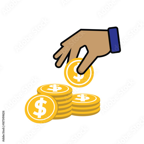 Money icon. Dollar symbol. Stack of gold coins and green banknotes with a hand picking them up. paying, economy, financial. Flat design style.