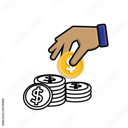 Money icon. Dollar symbol. Stack of gold coins and green banknotes with a hand picking them up. paying, economy, financial. Mixed design style.