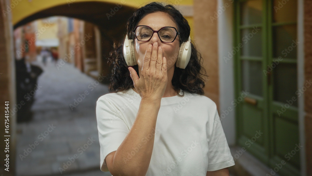 © Krakenimages.com - Woman blowing kiss wearing headphones in old town street with archway and rustic buildings creating a lively, joyful atmosphere on a sunny day. © Krakenimages.com - Woman blowing kiss wearing headphones in old town street with archway and rustic buildings creating a lively, joyful atmosphere on a sunny day.
