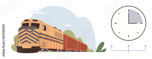 Cargo train traveling on track with greenery, paired with clock icon indicating schedule, coordination, logistics, and time efficiency. Ideal for transport, delivery, industry, planning punctuality