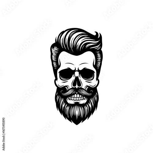 Illustration of bearded skull isolated on white background. Barbers skull. Design element for logo, sign, poster, emblem. Vector illustration