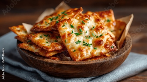 Wallpaper Mural A visually appealing image of crispy baked cheesy crackers beautifully arranged in a rustic wooden bowl, highlighting their golden texture and fresh herbs. Torontodigital.ca