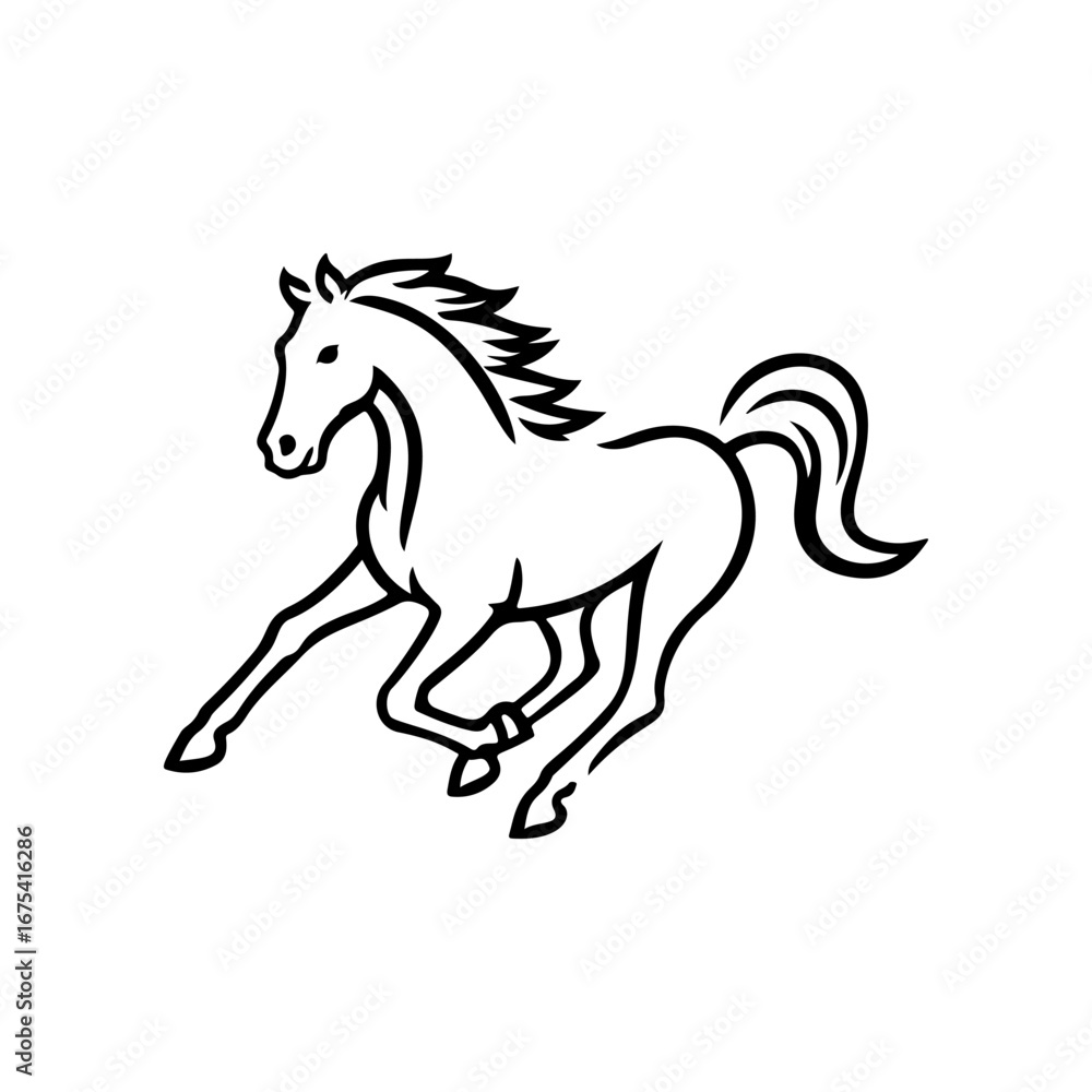 Obraz premium Black and white illustration of a running horse. Monochrome image of a horse. Design element for logo, sign, poster, emblem. Vector illustration