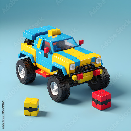 Colorful Toy Off-Road Car Made of Building Blocks