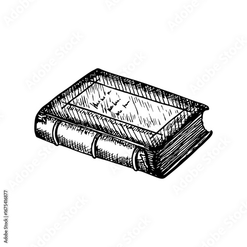 The old book of spells - sketch outline illustration. A book of ancient knowledge, drawn in engraving style. Hand-drawn vector line art clipart, isolated on a white background