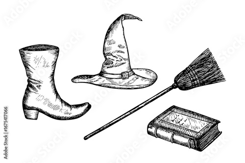 Witch's outfit, clothes, costume elements. Hat, boot, broom, book of spells - sketch drawing. Halloween symbols - outline illustration in engraving style. Hand-drawn vector line art clipart