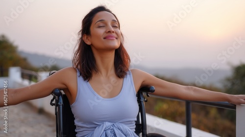 South Asian woman doing yoga in wheelchair on balcony at sunrise, peaceful expression 