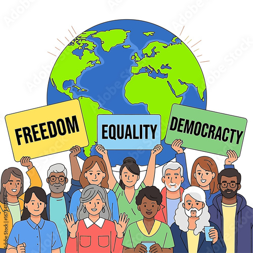 Flat vector illustration of diverse people holding up signs that read 'Freedom', 'Equality', and 'Democracy', with a bright globe in the background, celebrating International Day of Democracy