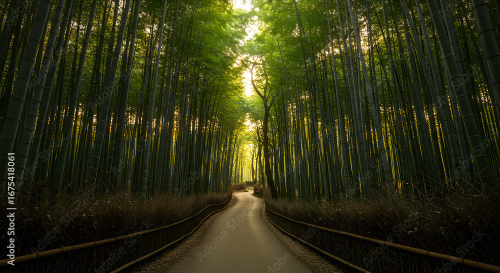 Naklejka premium Serene Bamboo Forest Pathway – Peaceful Natural Landscape with Sunlight Filtering Through Trees