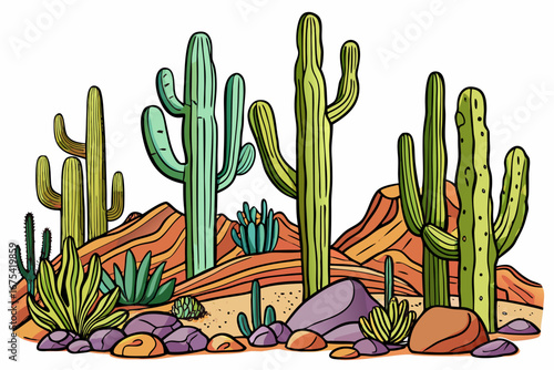 Tall saguaro cactus and rocks isolated on clean white background, minimal desert plant illustration, sharp spines, detailed botanical sketch