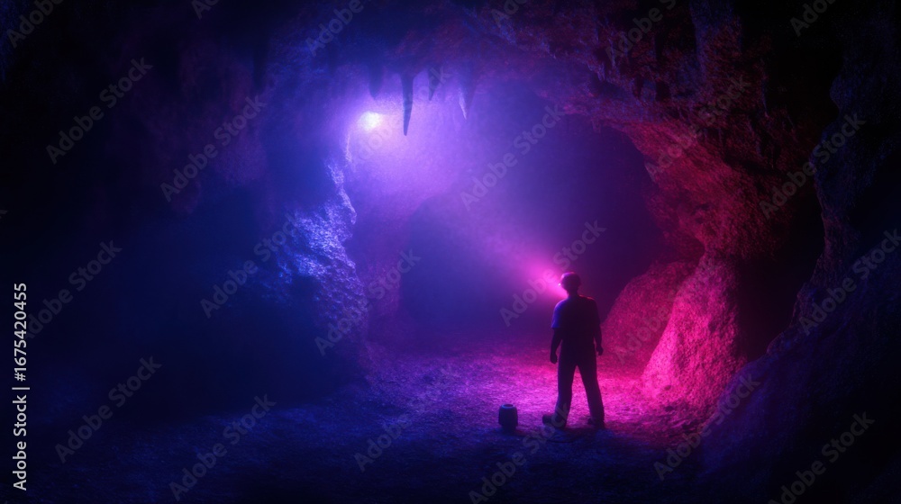 Fototapeta premium Explorer illuminated by vibrant light in a mysterious cave