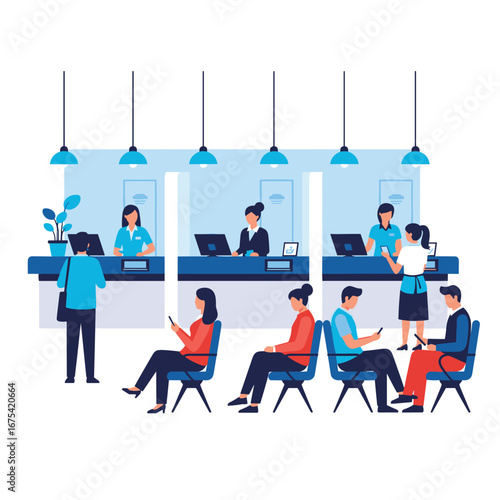 Modern banking hall with customers waiting and tellers assisting with transactions