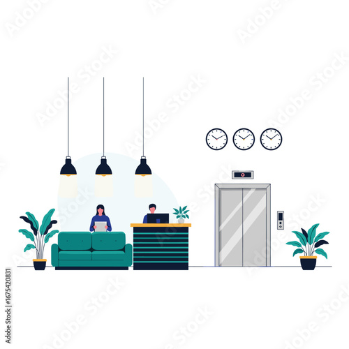 Modern office lobby with reception desk elevator and comfortable seating area
