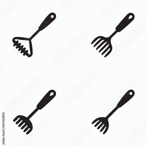 Potato Masher Solid Icons Set Cooking Utensils