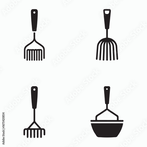 Potato Masher Solid Icons Set Food Prep Tools