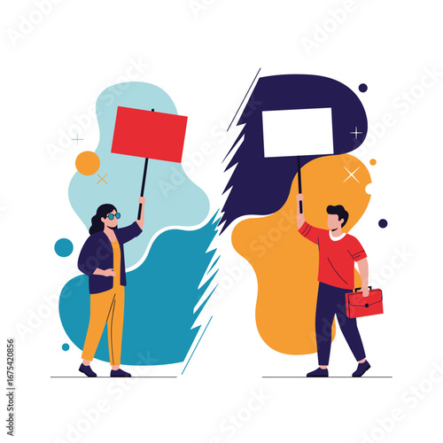 Diverse crowd demonstrating holding signs and banners expressing opinions and beliefs in a public space