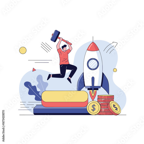 Business startup success strategy achieving financial growth with innovative rocket launching techniques driving profitability through ambitious goal achievement