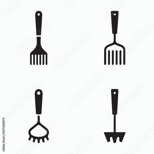 Potato Masher Solid Icons Set Household Utensils