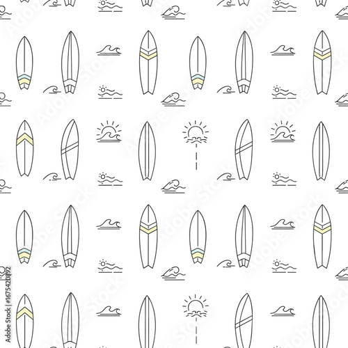 Retro surfboard patterns with water elements and sun icons for summer beach vibes