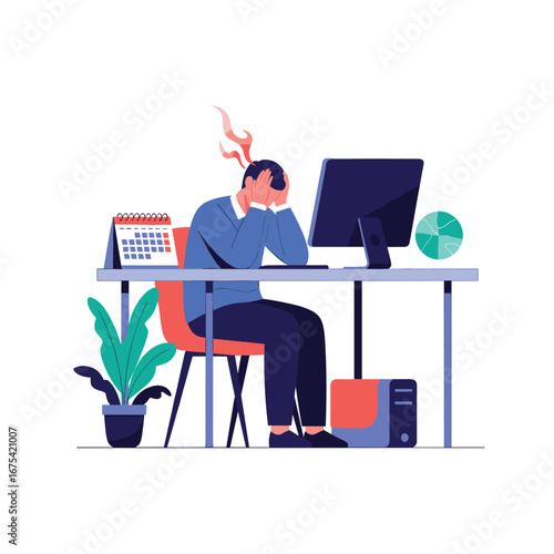 Overworked professional experiencing extreme stress and burnout while sitting at desk facing computer screen with flaming head